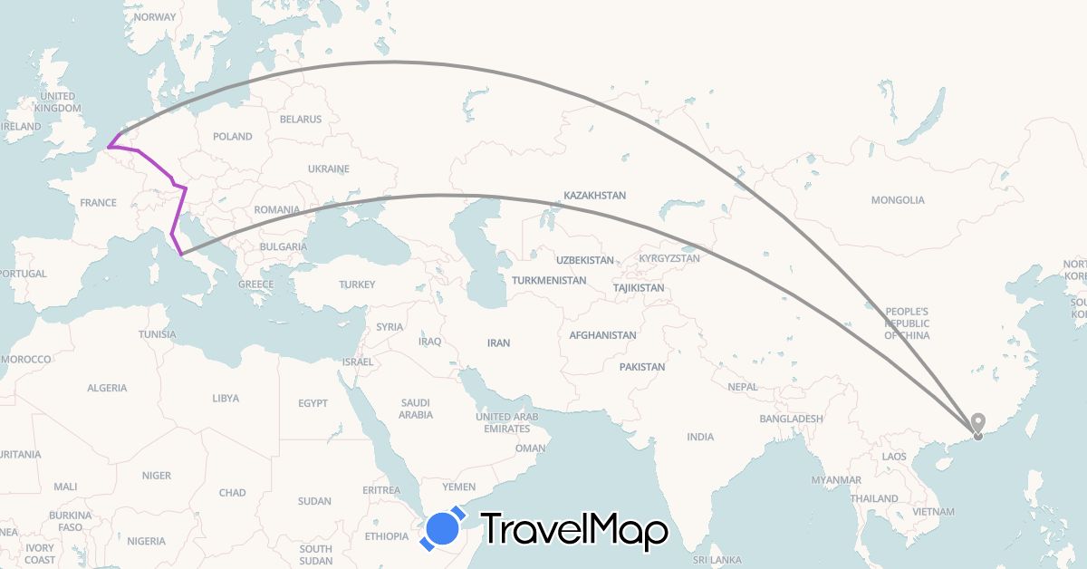 TravelMap itinerary: plane, train in Austria, Belgium, Germany, Hong Kong, Italy, Netherlands (Asia, Europe)